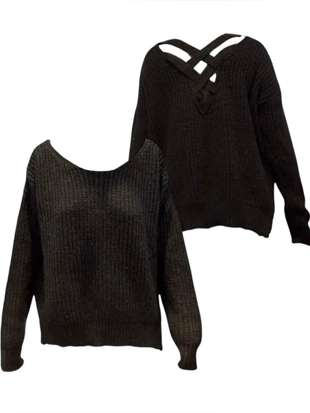 Sparkle & Fade Black Crisscross Back Off-the-Shoulder Sweater